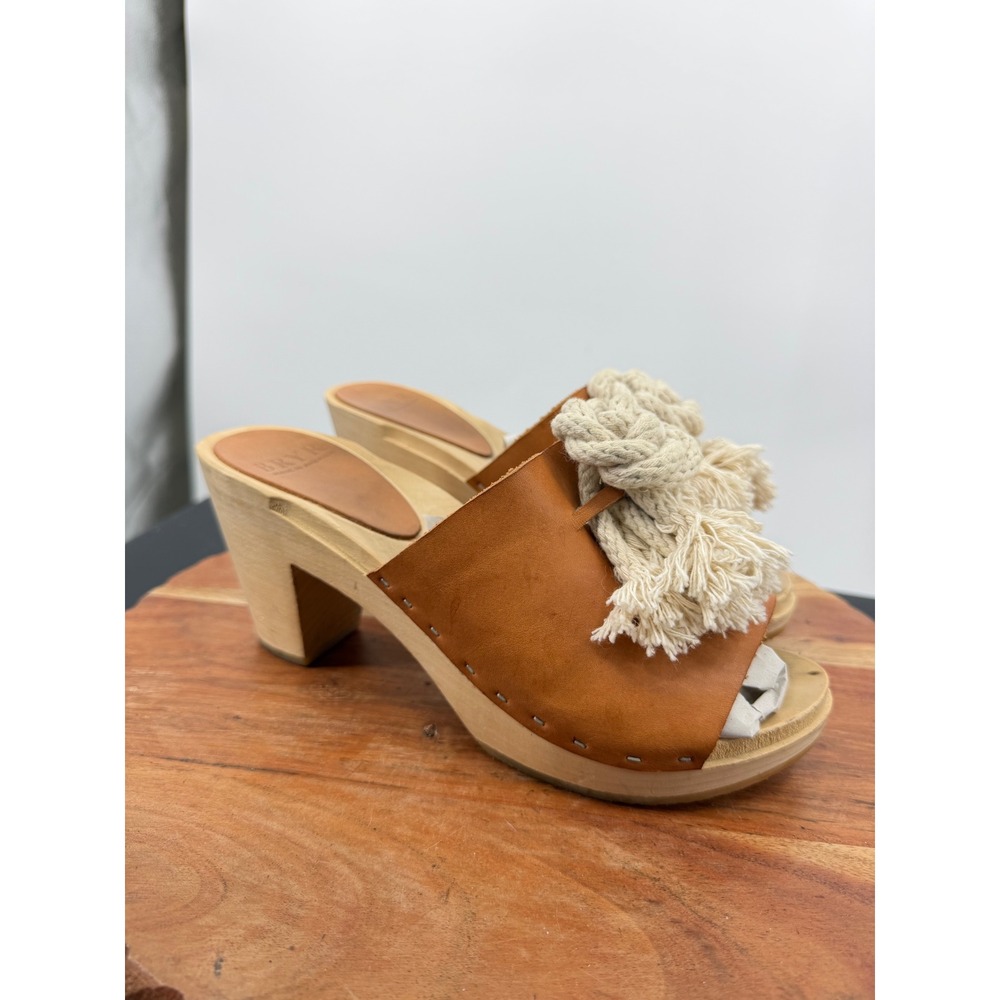 Bryr Knot Clog Sandals Womens 38 Tan Leather Rope Detail Wood Platform Heel